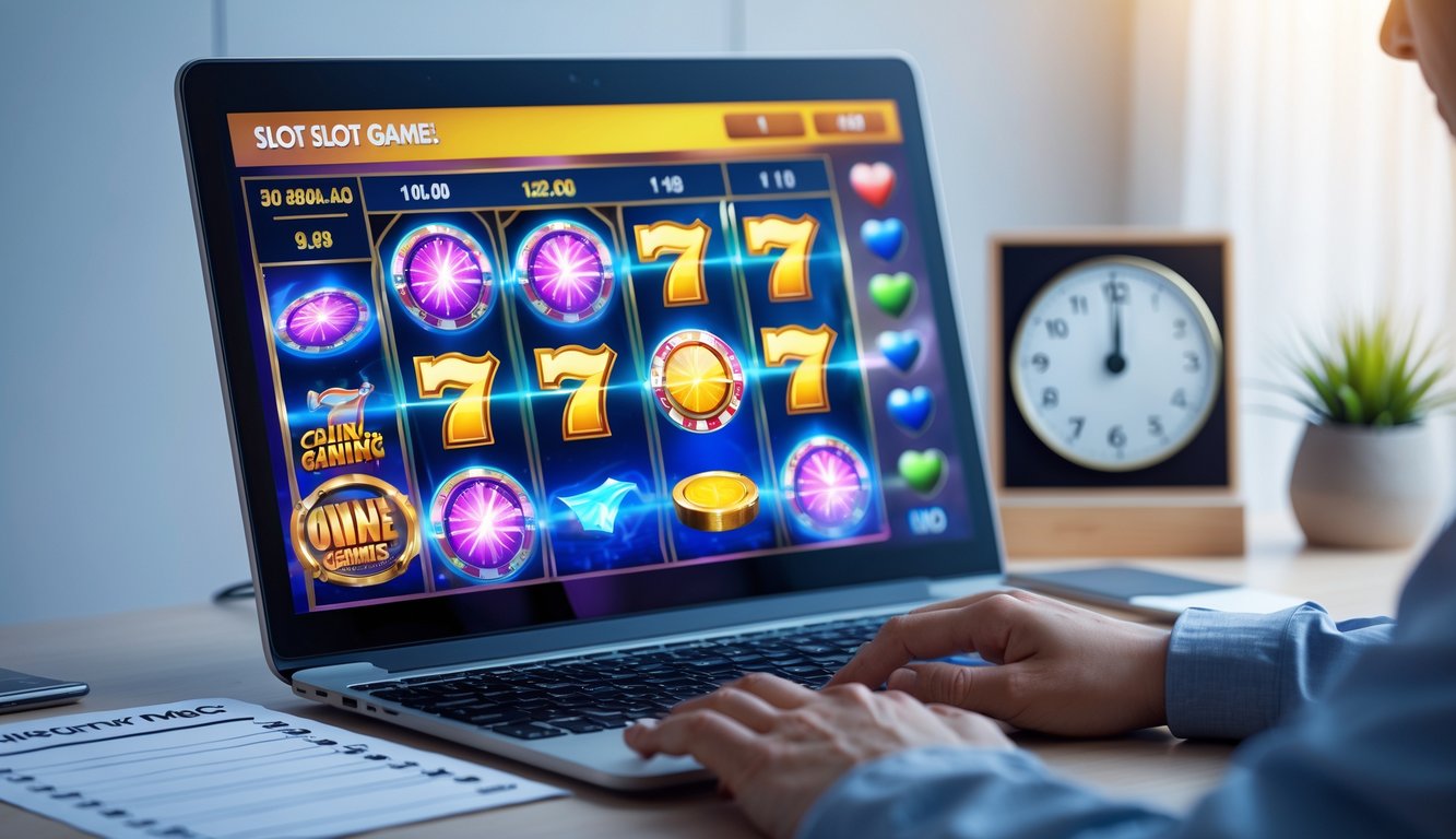 Seorang pemain fokus menggunakan komputer dengan tampilan permainan slot online yang cerah dan berwarna-warni.