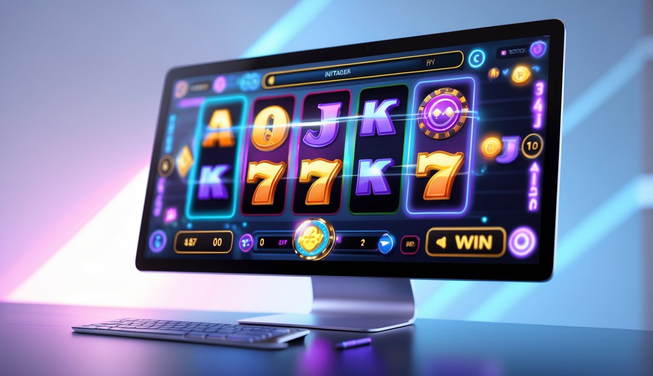 Tampilan layar komputer dengan antarmuka mesin slot online modern dan inovatif tanpa teks.