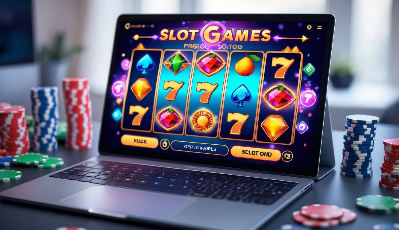 Layar komputer menampilkan permainan slot online dengan simbol warna-warni, dikelilingi oleh chip poker dan kartu remi di ruang kerja yang nyaman.