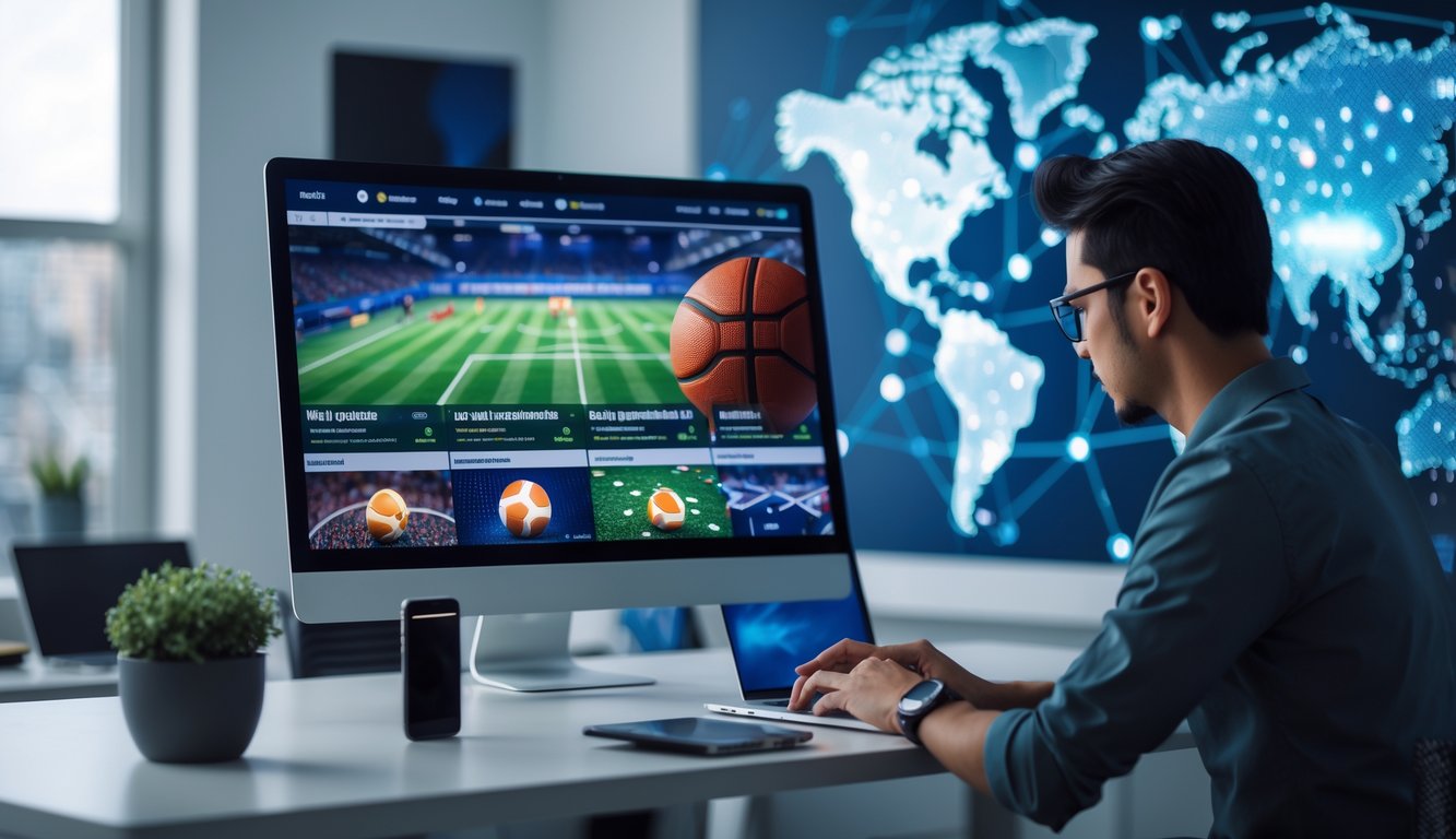 Seorang pengguna di meja kerja dengan layar komputer menampilkan pertandingan olahraga internasional secara langsung.