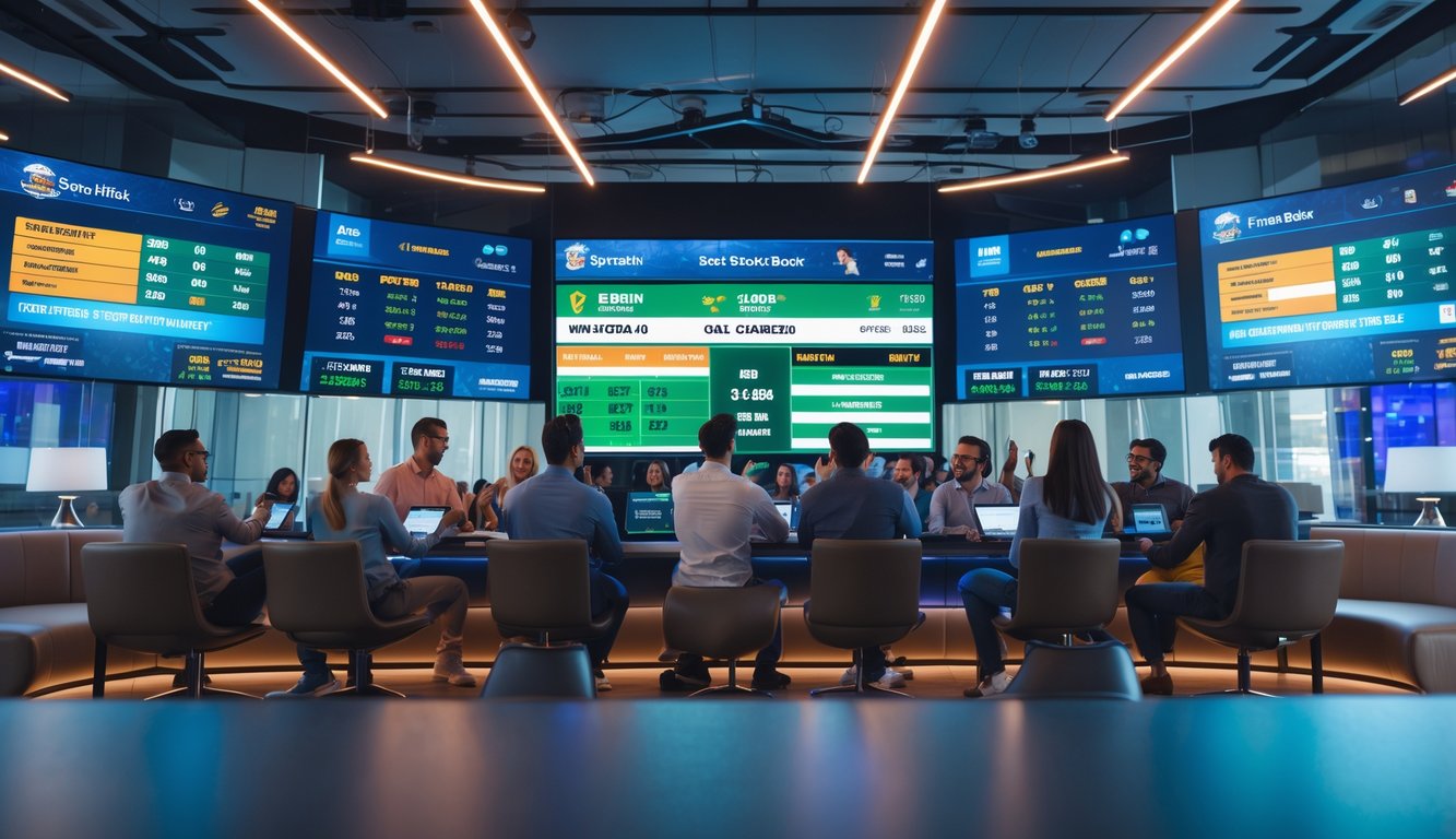 Sekelompok orang sedang menggunakan perangkat digital di ruang taruhan olahraga modern dengan layar besar menampilkan statistik dan peluang pertandingan secara dinamis.