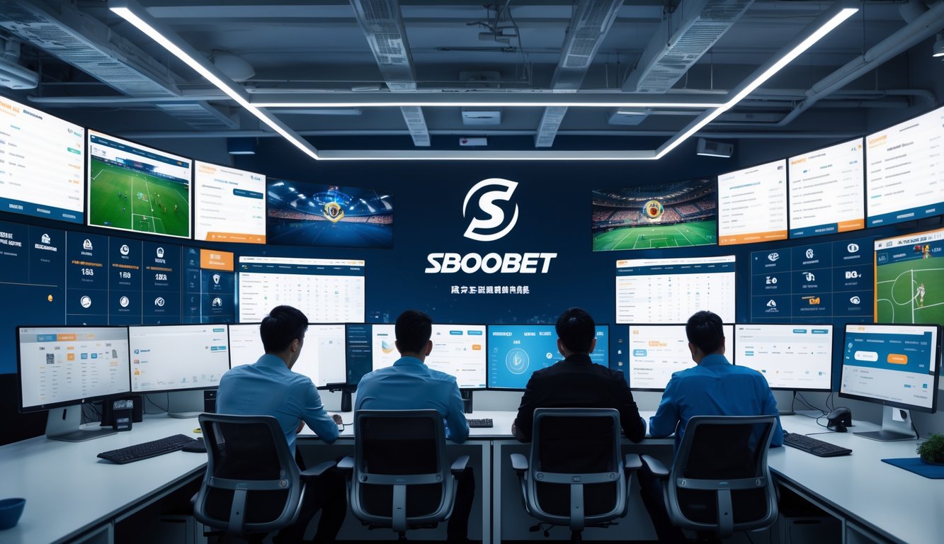 Suasana kantor modern dengan beberapa orang yang sedang bekerja menggunakan komputer menampilkan pertandingan olahraga secara langsung.