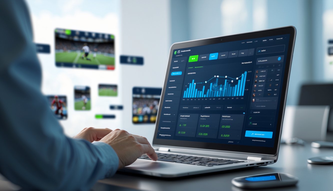 Seseorang menggunakan komputer dengan tampilan taruhan olahraga online yang menunjukkan pembaruan acara secara real-time.