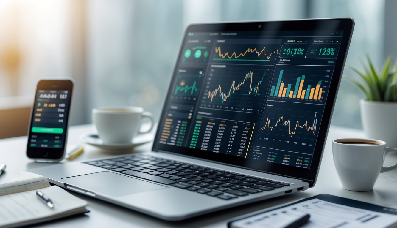 Seorang profesional sedang bekerja dengan laptop yang menampilkan grafik dan data analisa taruhan olahraga online di meja kerja yang rapi.