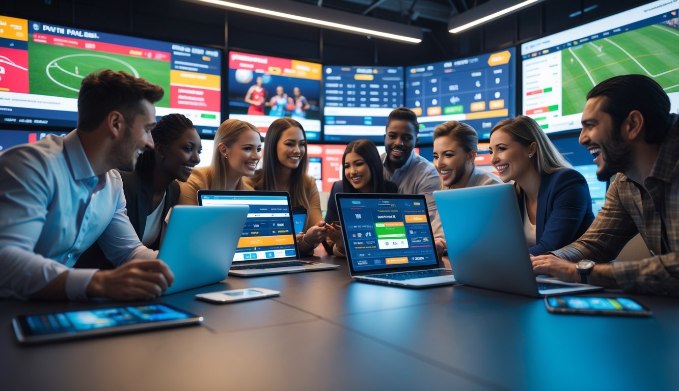 Sekelompok orang dari berbagai latar belakang menggunakan perangkat digital untuk melihat dan bertaruh pada berbagai acara olahraga global.