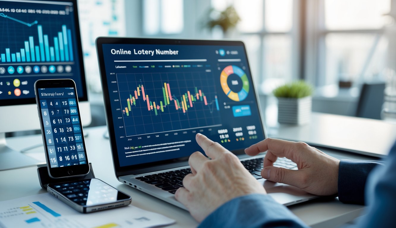Seorang profesional sedang menggunakan laptop dan ponsel untuk menganalisis data angka togel online di ruang kerja modern.