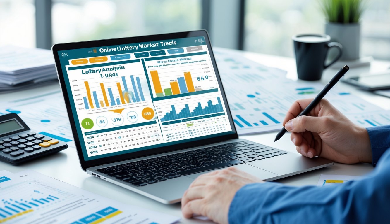 Seseorang sedang menganalisis data angka pada laptop di meja kerja yang rapi dengan dokumen dan alat tulis.