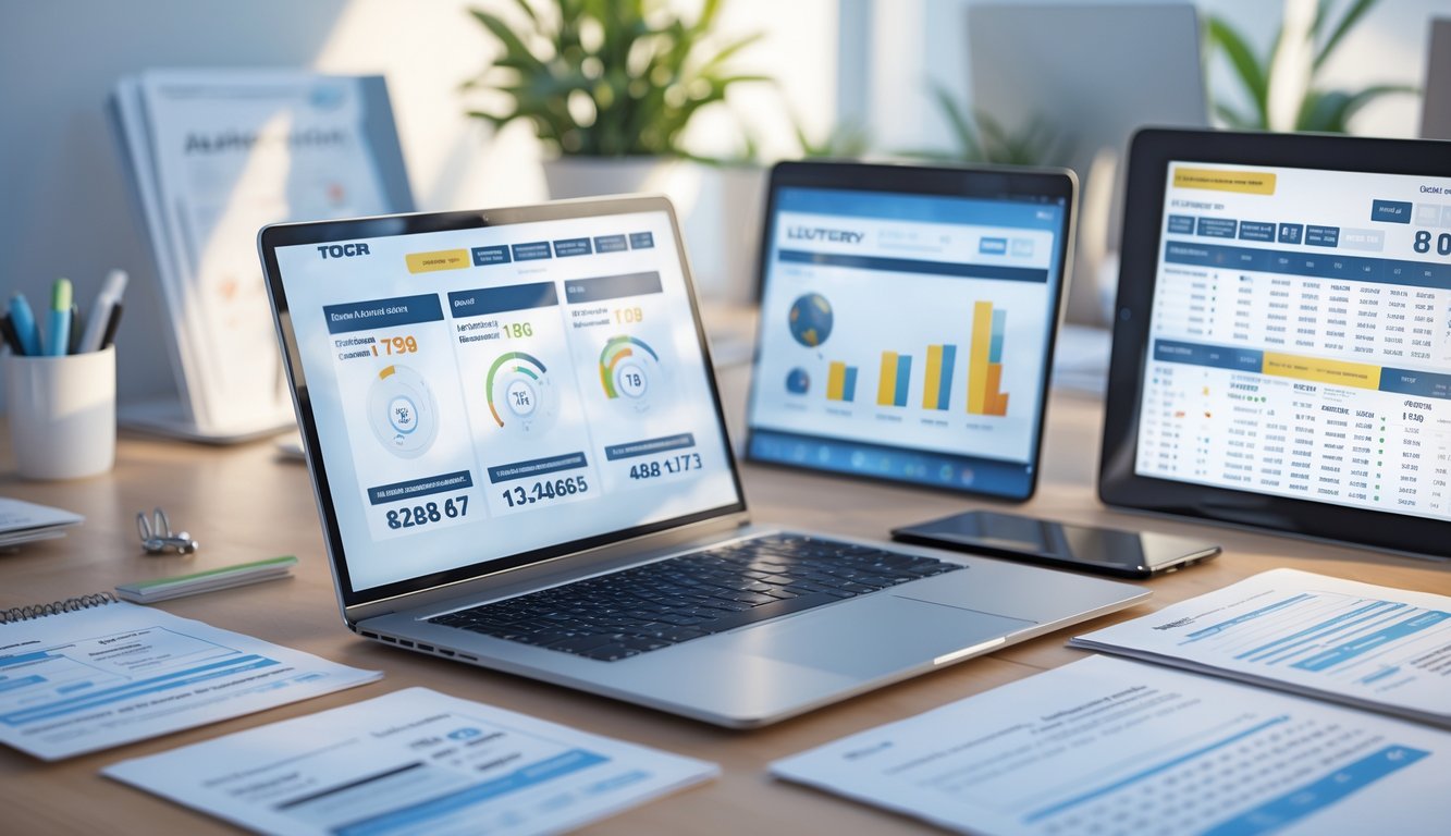 Seorang profesional menggunakan laptop dan tablet di meja kerja dengan data dan grafik terkait undian togel online.