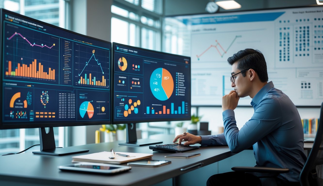Seorang profesional sedang menganalisis data statistik mendalam di depan beberapa layar komputer dalam ruang kantor modern.