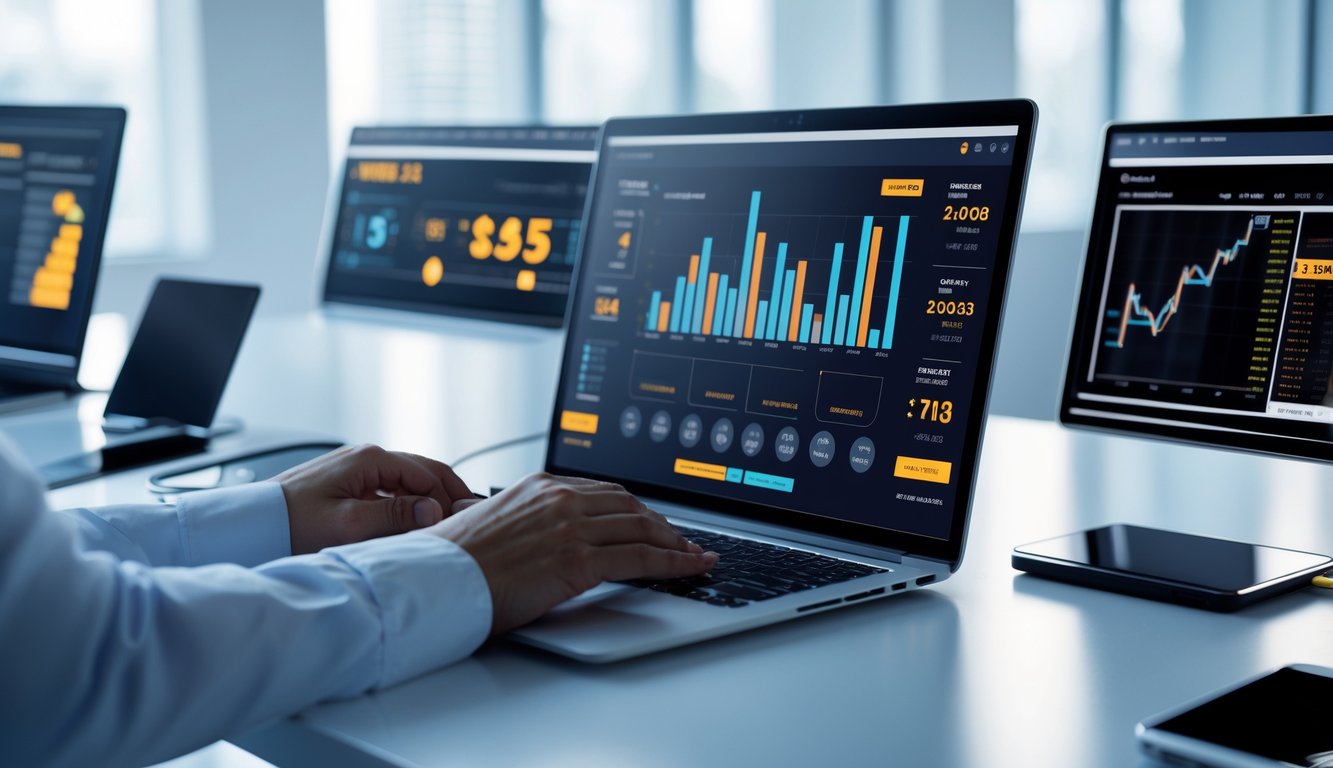 Seseorang menggunakan laptop di meja kerja modern dengan beberapa layar digital menampilkan data dan grafik secara langsung.