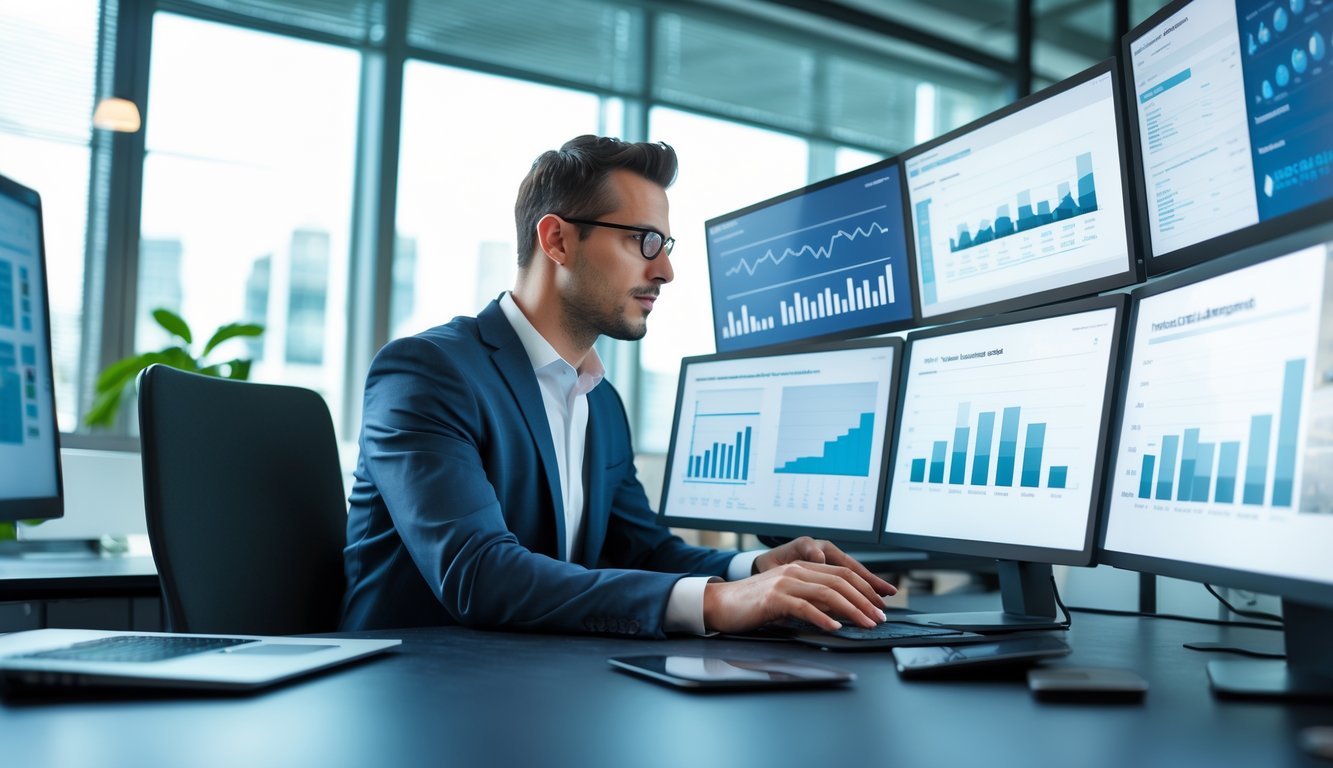 Seorang profesional sedang menganalisis data konsisten pada beberapa layar digital di kantor modern.