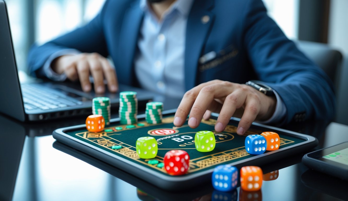 Seorang ahli strategi Judi Sic Bo online sedang fokus bermain di meja aktif dengan dadu dan chip taruhan.