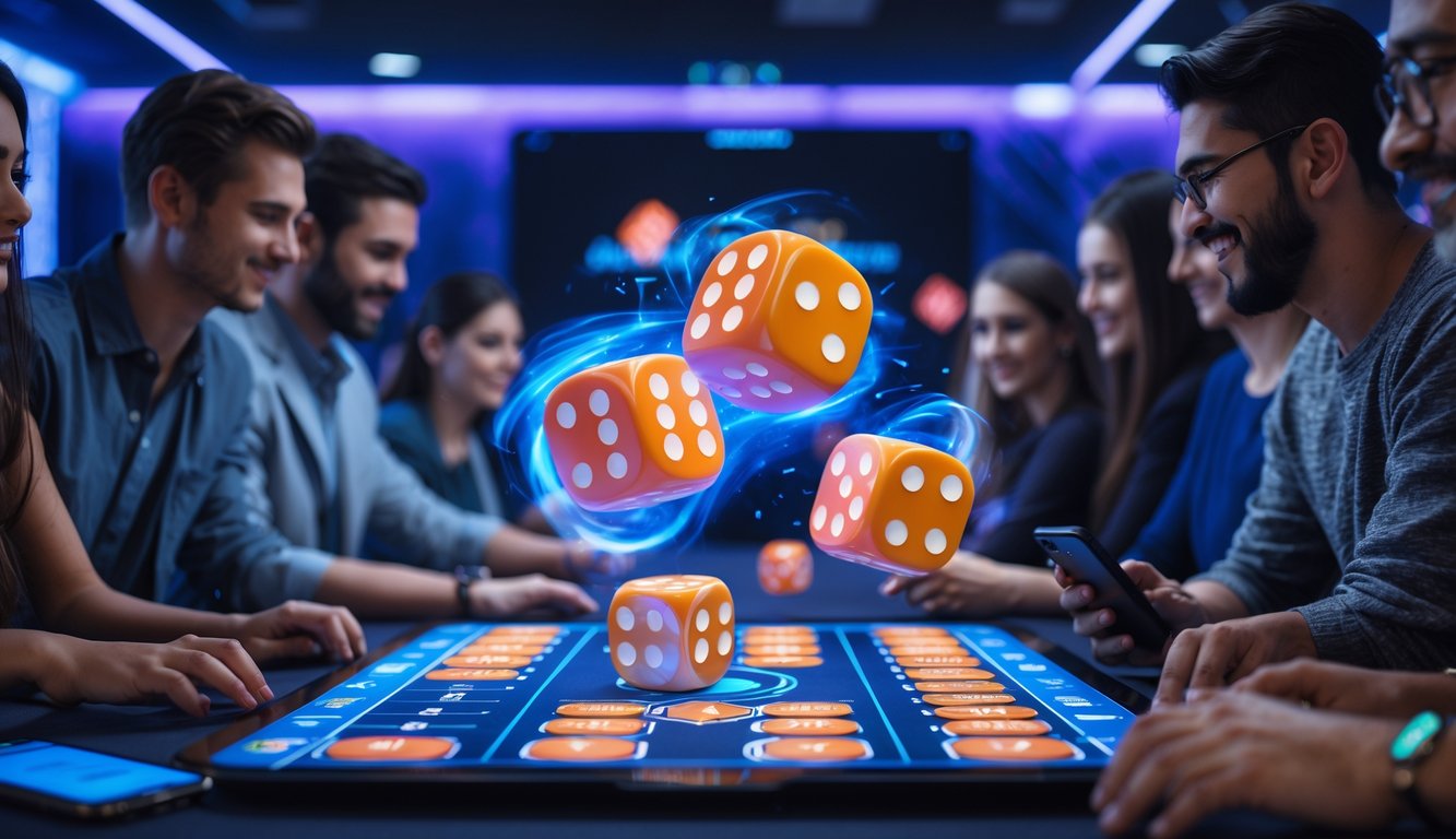 Orang-orang bermain permainan Sic Bo online dengan antarmuka digital dan dadu yang bergerak di layar komputer dalam suasana modern.