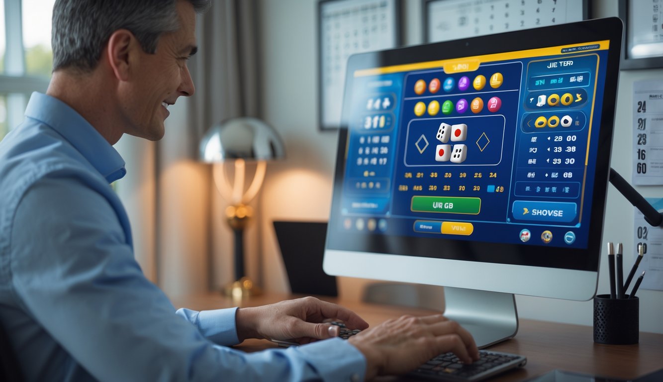 Seseorang sedang menggunakan komputer untuk bermain permainan Sic Bo online di ruangan yang rapi dan terang.