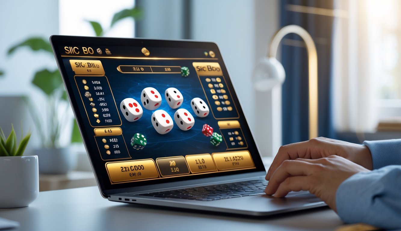 Seorang pengguna sedang bermain permainan Sic Bo online di komputer dengan suasana ruangan yang nyaman dan modern.