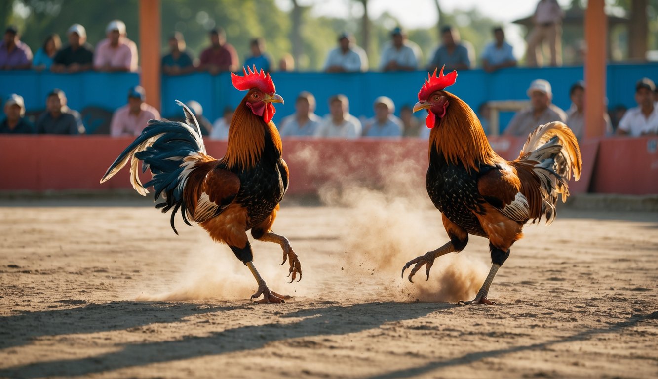 Dua ayam jago sedang bertarung di arena sabung ayam yang teratur dengan penonton memperhatikan di sekitarnya.