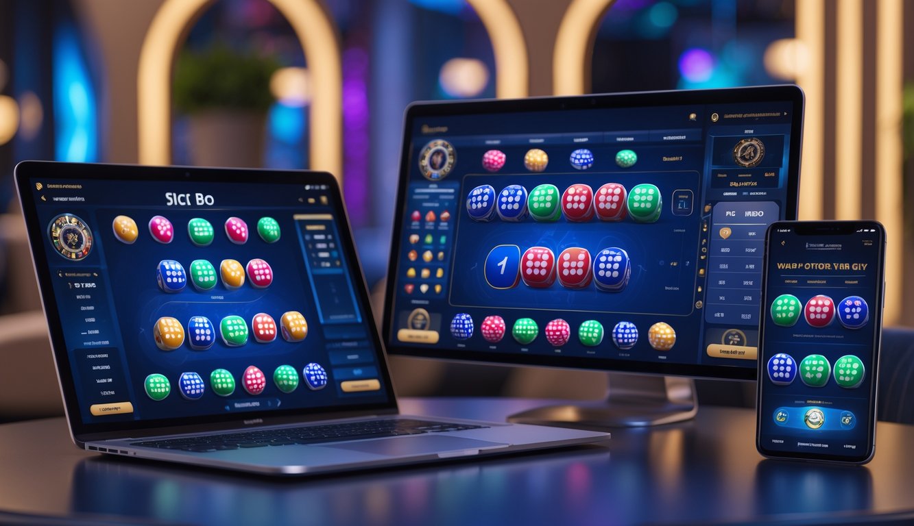 Sebuah lingkungan permainan online Sic Bo dengan perangkat digital yang menampilkan antarmuka permainan dan latar belakang lounge modern.