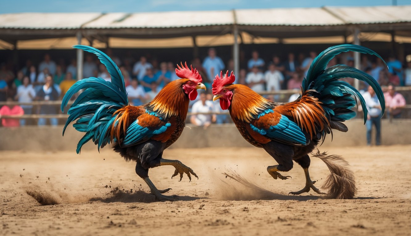 Dua ayam jago sedang bertarung di arena terbuka dengan penonton yang antusias menyaksikan pertandingan.