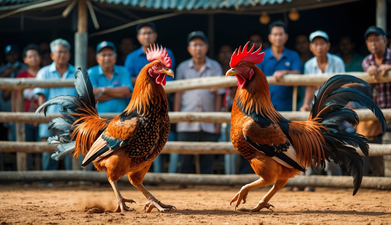 Dua ayam jago sedang bertarung di arena dengan penonton yang memperhatikan di latar belakang.