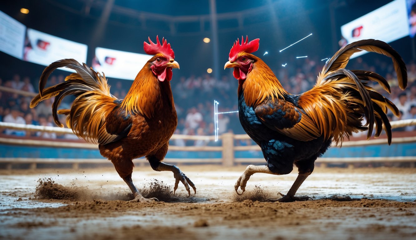 Dua ayam jago sedang bertarung di arena sabung ayam dengan penonton di latar belakang.