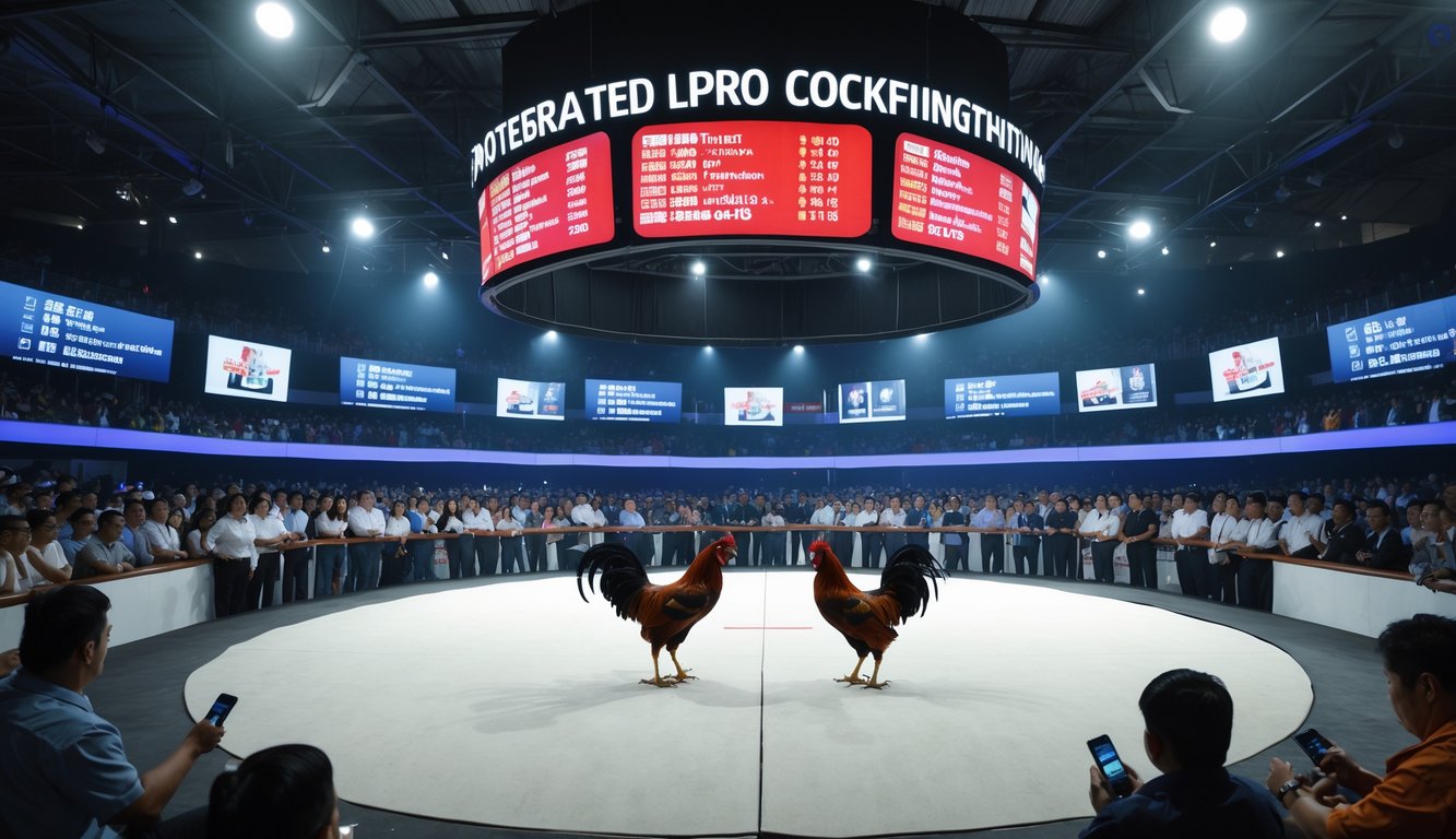 Arena sabung ayam dengan dua ayam jantan siap bertarung, dikelilingi penonton yang memperhatikan dengan layar besar menampilkan jadwal pertandingan.
