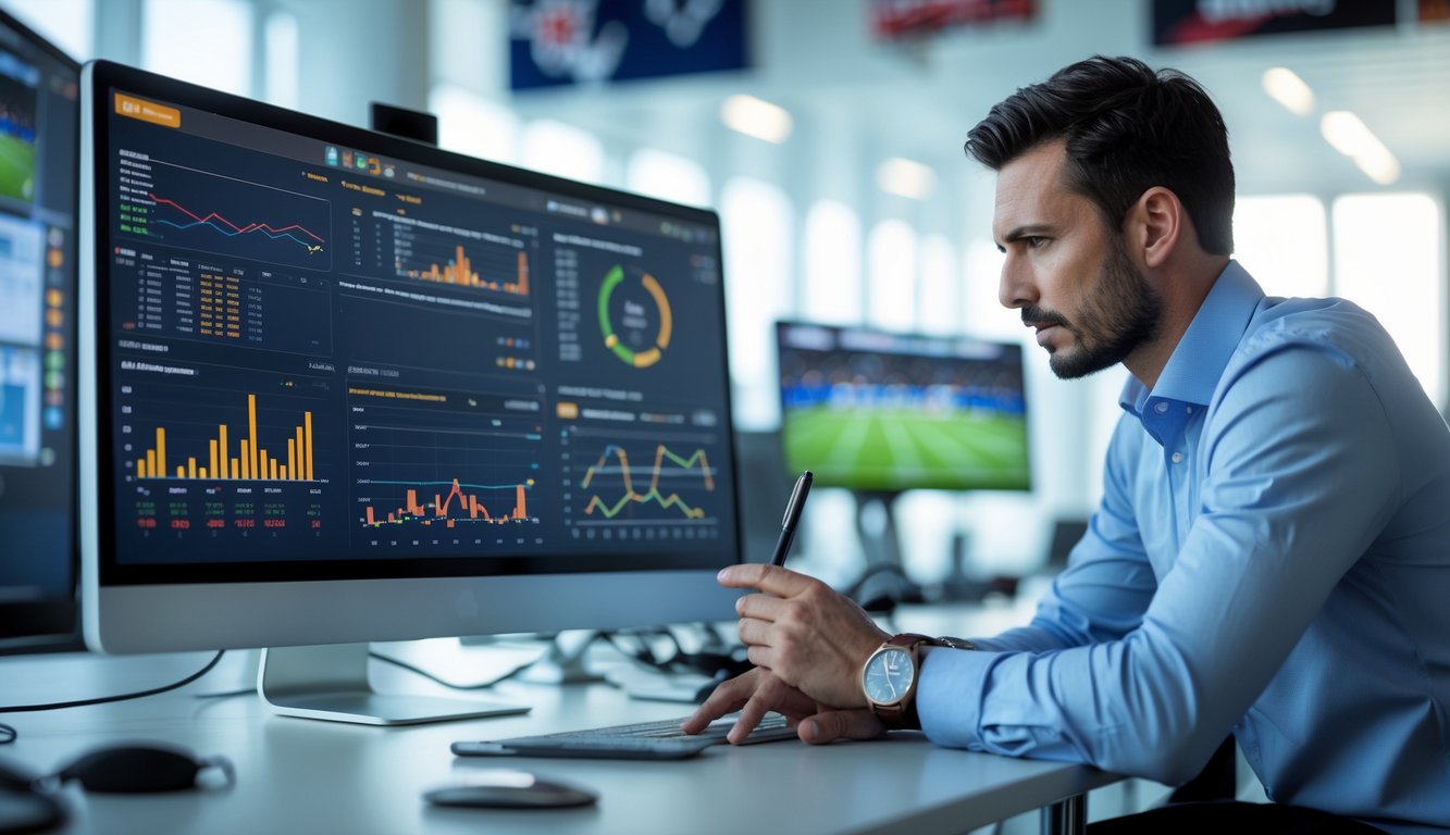 Seorang analis olahraga sedang fokus bekerja di depan komputer dengan data dan grafik pertandingan di layar.