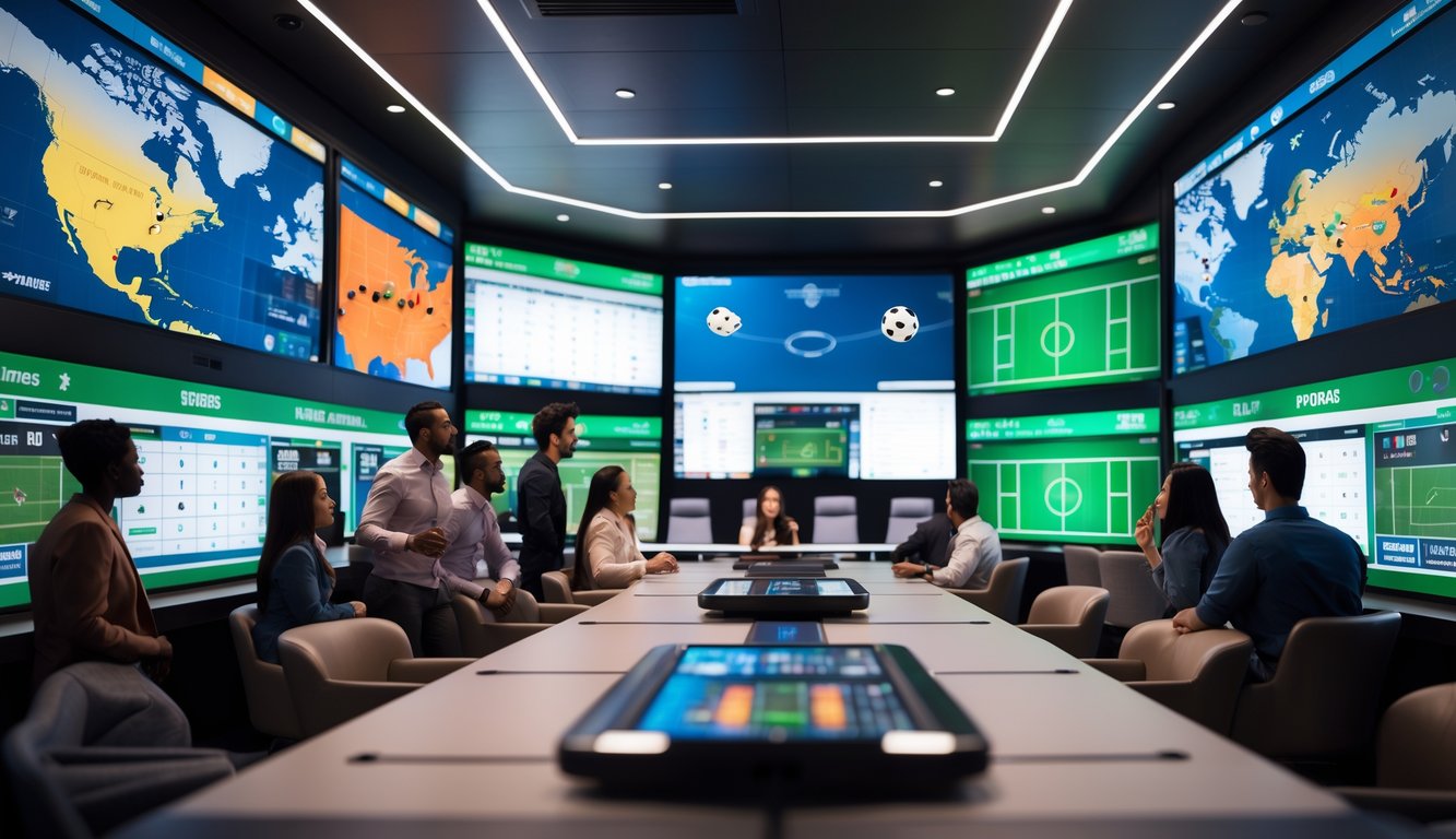 Beberapa orang sedang menonton pertandingan olahraga langsung di layar besar di sebuah ruang modern yang terang dan nyaman.