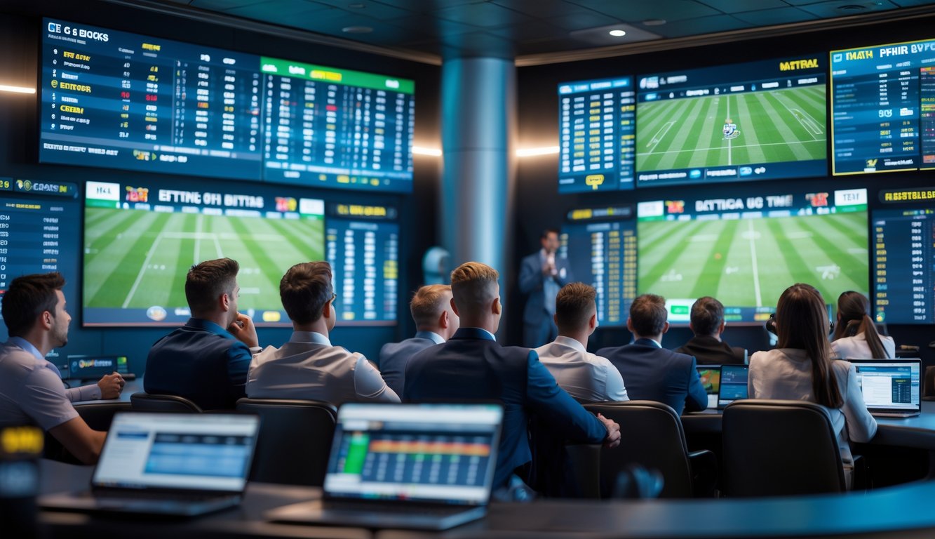 Sejumlah orang menonton layar besar yang menampilkan skor pertandingan olahraga secara langsung di ruang taruhan olahraga modern.