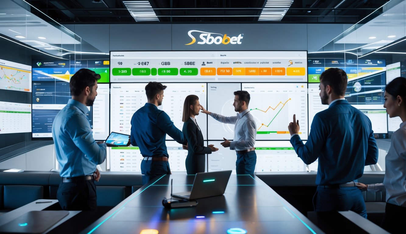 Sekelompok orang menggunakan layar digital besar yang menampilkan data pertandingan olahraga dan statistik dalam ruangan modern.