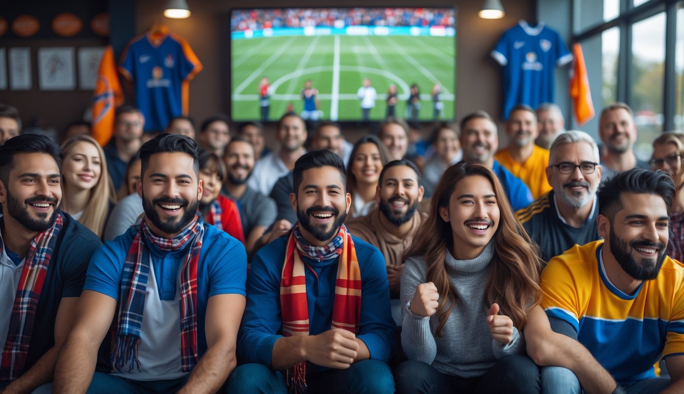 Sekelompok penggemar olahraga yang beragam berkumpul bersama dengan antusias menonton pertandingan olahraga di layar besar dalam ruangan yang terang dan ramai.