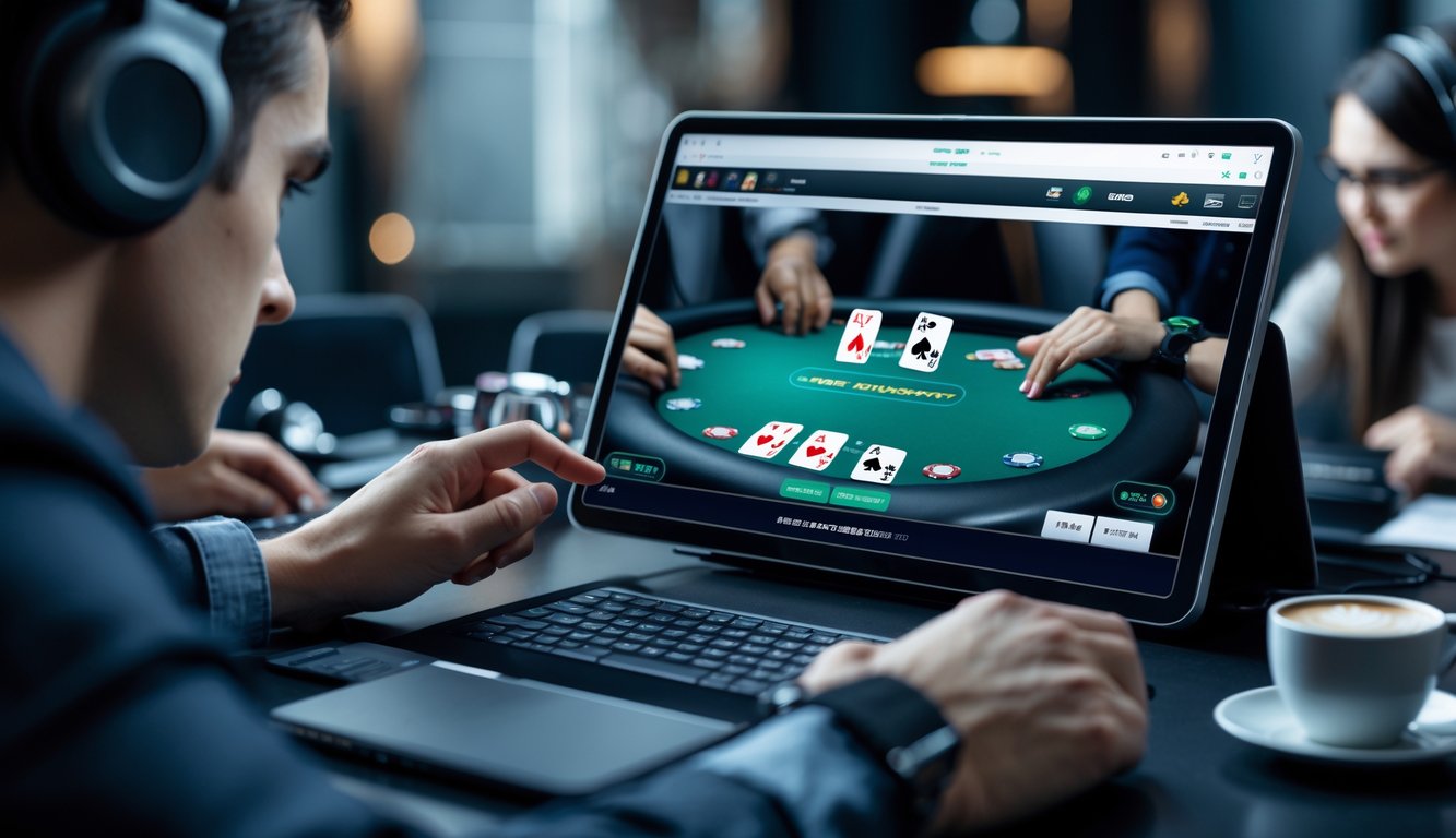 Seseorang bermain poker online di depan layar komputer dengan suasana kompetitif dan fokus.