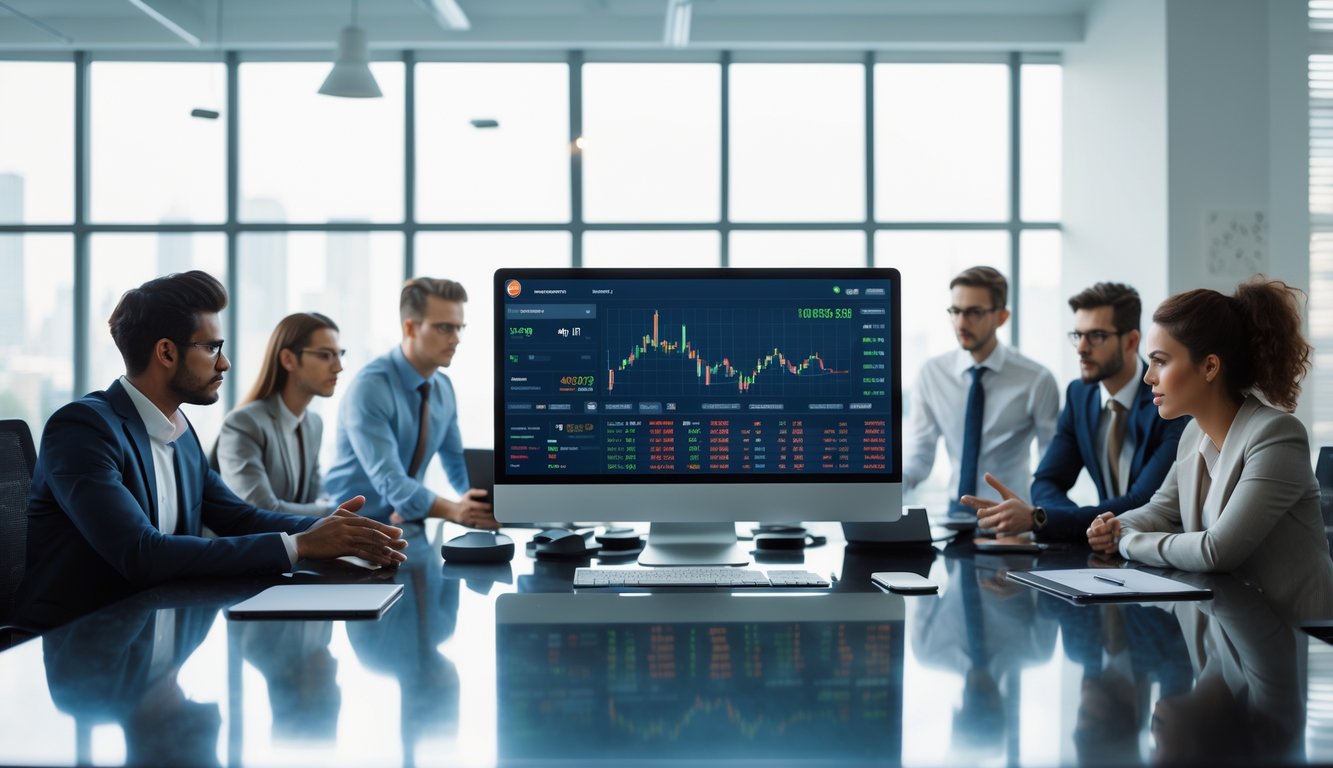 Sekelompok profesional muda sedang berdiskusi di depan layar komputer dengan grafik dan data performa di kantor modern.