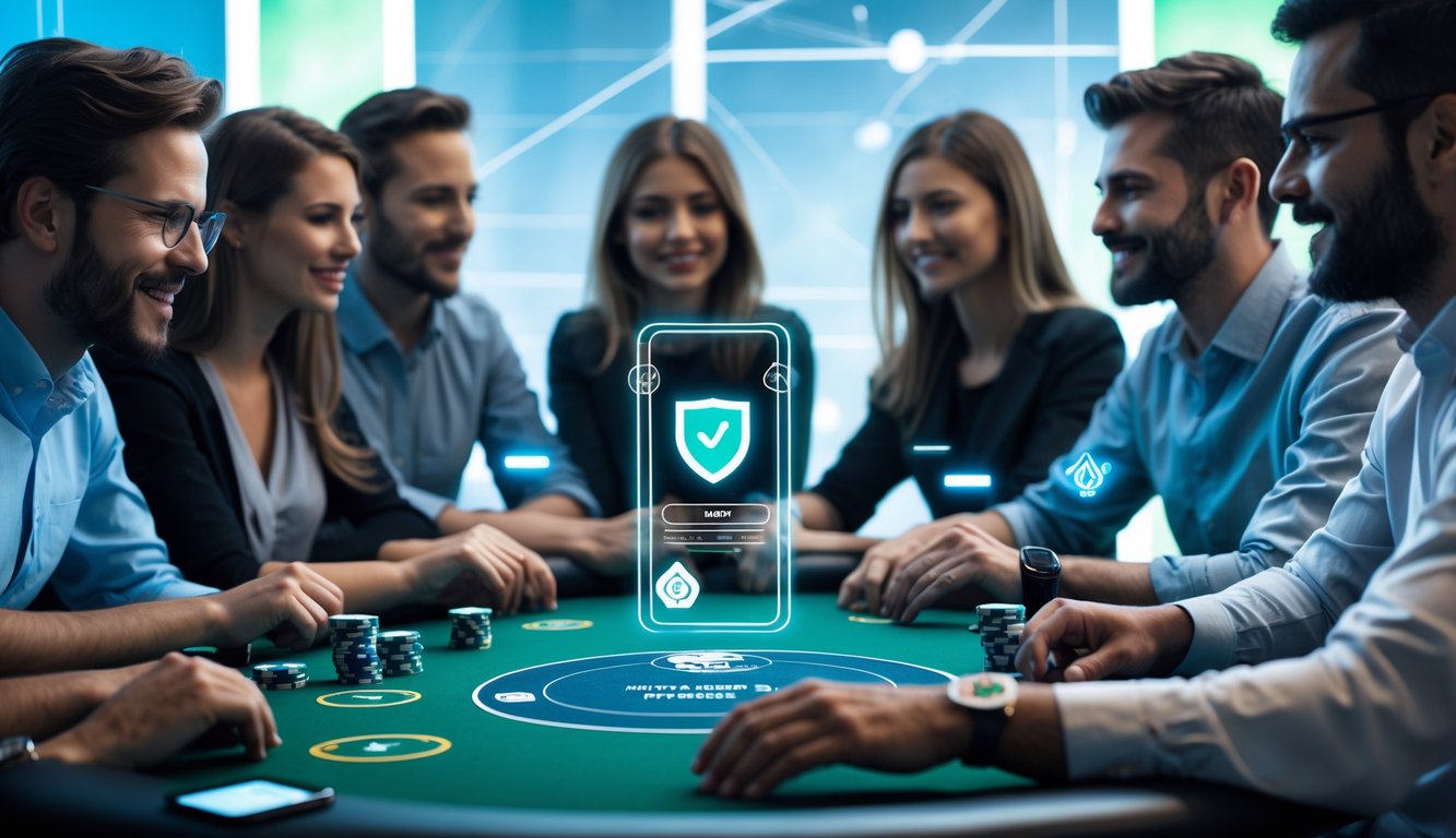 Sekelompok orang bermain poker online di meja digital dengan suasana modern dan pencahayaan biru-hijau yang menonjolkan kepercayaan dan keamanan.