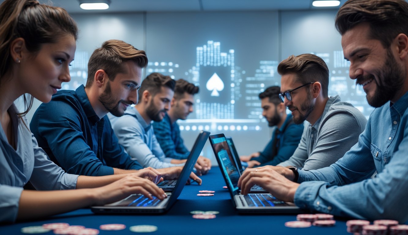 Sekelompok orang bermain poker online secara real-time menggunakan perangkat digital di ruangan modern.