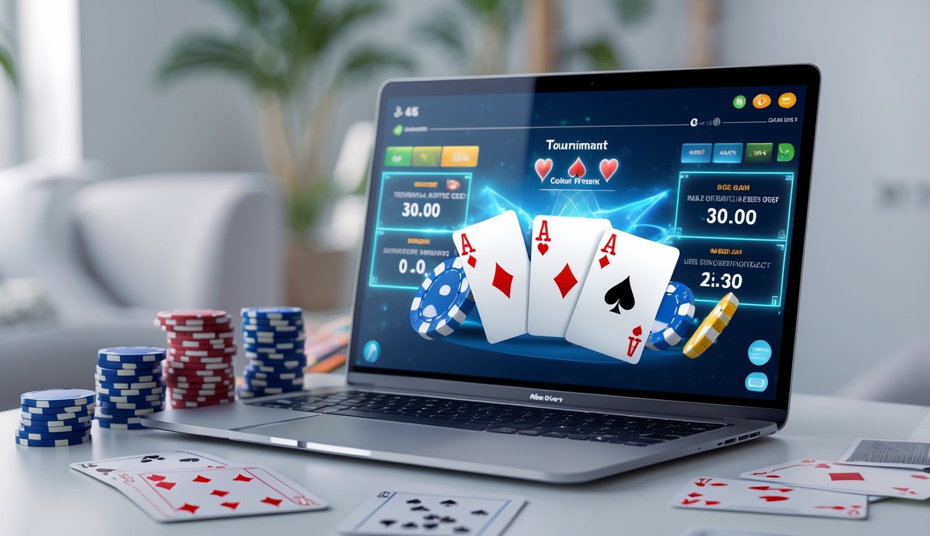 Seorang pemain poker online menggunakan komputer dengan tampilan permainan poker dan tumpukan chip di meja, menunjukkan suasana turnamen terjadwal.