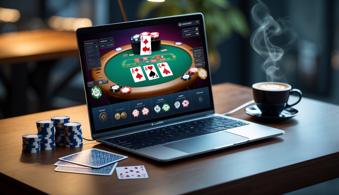 Seorang pemain poker online menggunakan laptop di meja kayu dengan chip poker dan kartu bermain di sekitarnya.