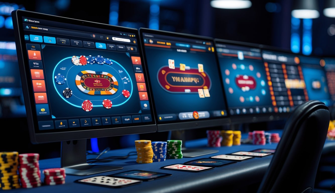 Tampilan beberapa meja poker digital yang berbeda pada layar komputer dalam suasana permainan judi poker online.