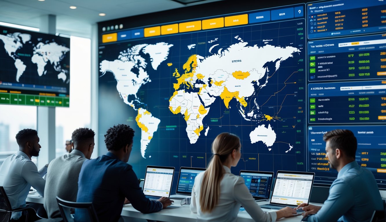 Orang-orang menggunakan perangkat digital untuk mengakses pertandingan olahraga internasional di sebuah ruang kantor modern.