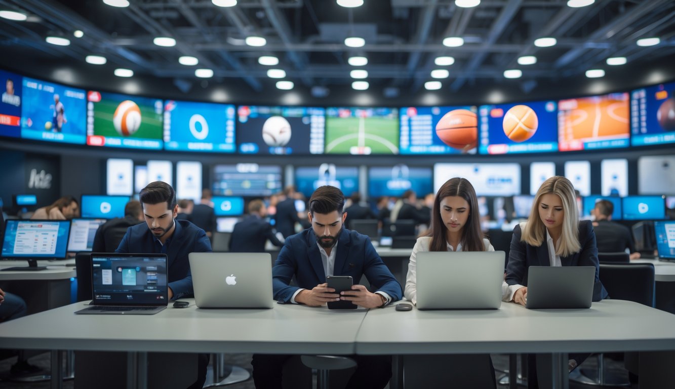 Orang-orang sedang menggunakan perangkat elektronik di pusat pertandingan olahraga dengan layar besar menampilkan pertandingan olahraga secara langsung.