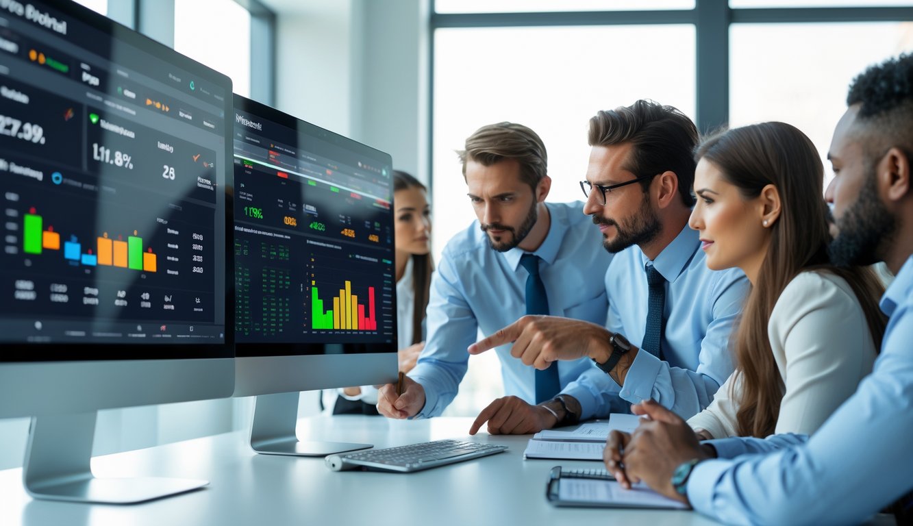 Beberapa profesional sedang bekerja di depan layar komputer yang menampilkan data taruhan olahraga dalam sebuah kantor modern.