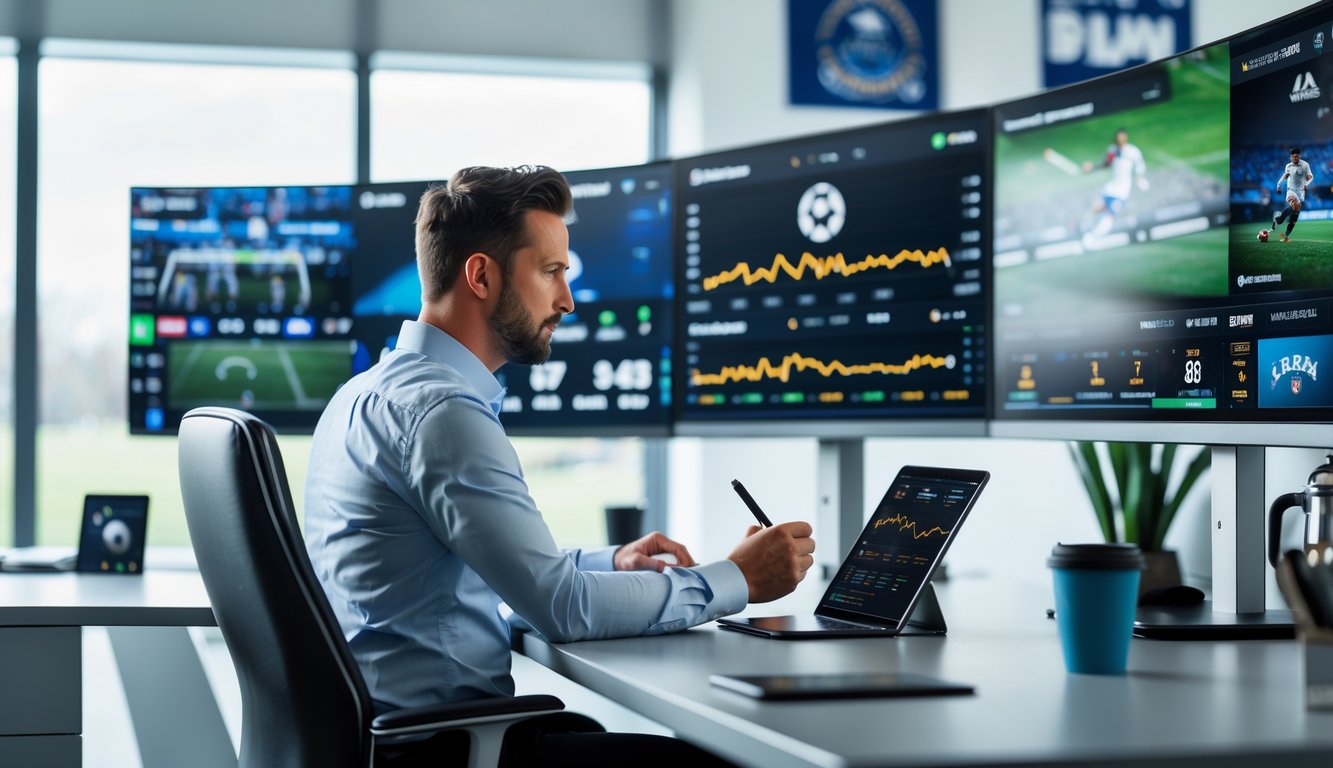 Seorang analis olahraga sedang bekerja di depan beberapa layar komputer yang menampilkan statistik dan rekaman pertandingan sepak bola di sebuah kantor modern.