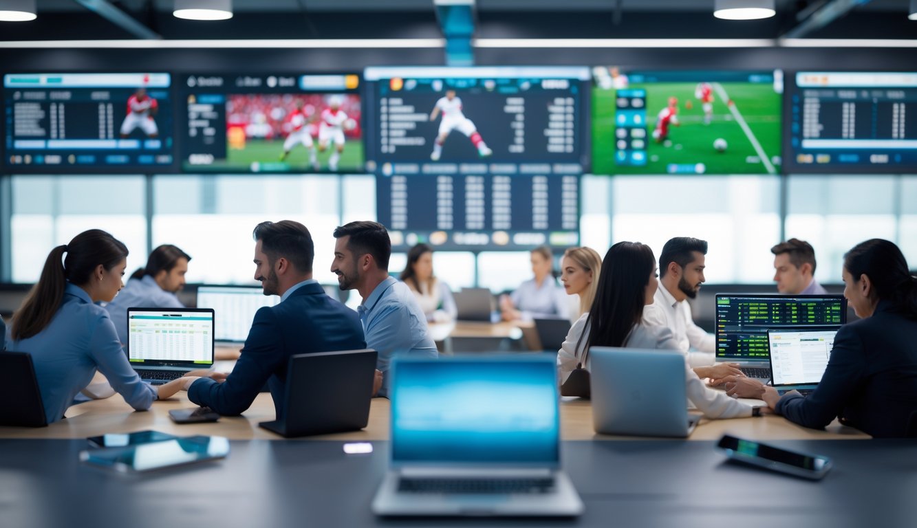 Orang-orang sedang bekerja dengan komputer dan layar besar yang menampilkan pertandingan olahraga secara langsung dan data waktu nyata.