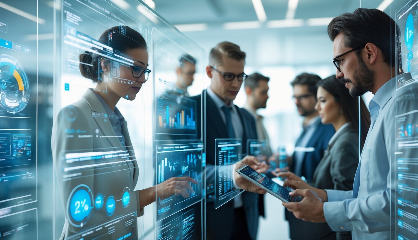 Sejumlah profesional bekerja bersama di ruang kantor modern dengan layar digital transparan yang menampilkan data dan grafik teknologi canggih.