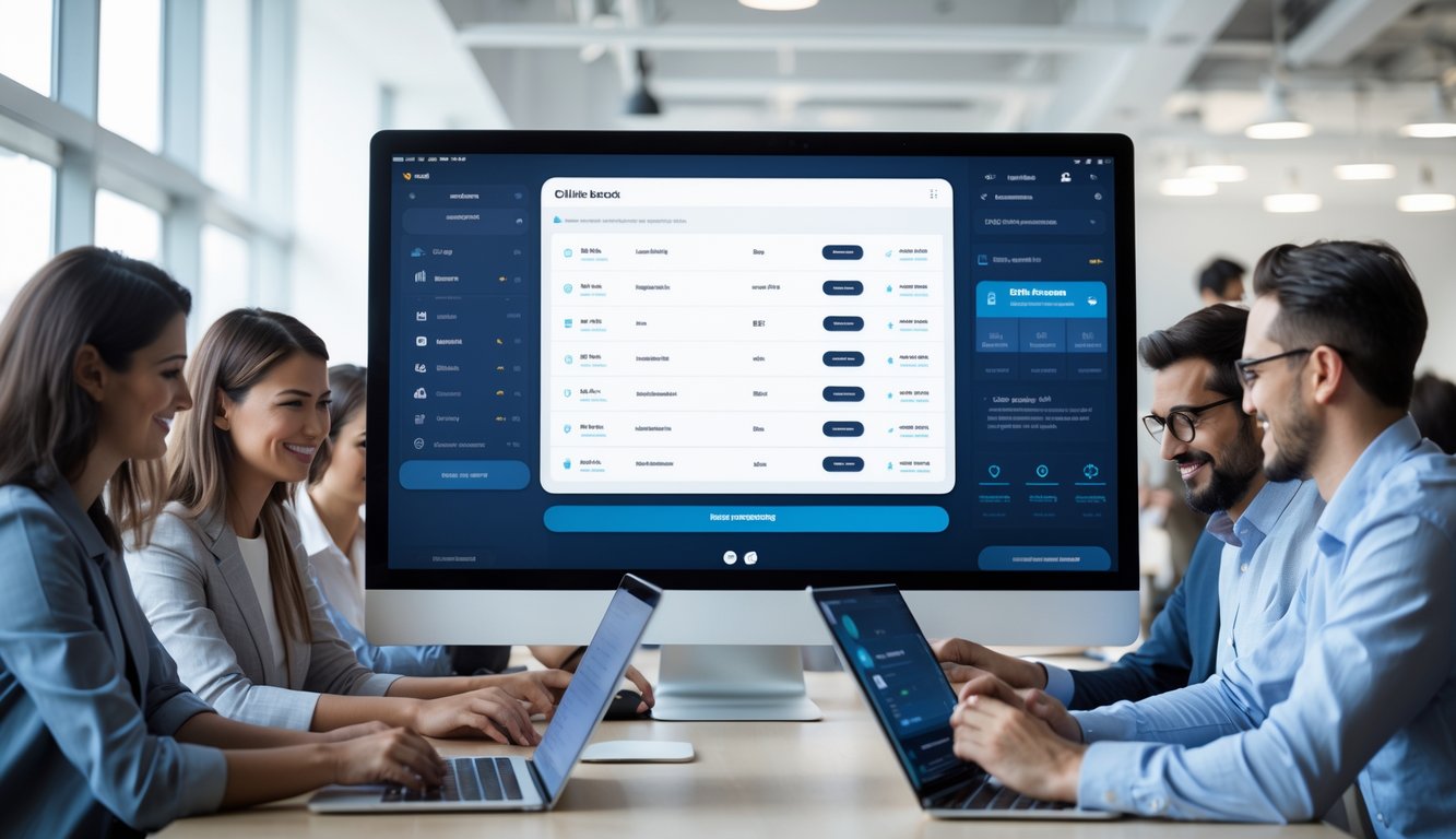 Orang-orang bekerja bersama di kantor modern menggunakan perangkat digital dengan antarmuka platform taruhan online yang mudah dinavigasi.