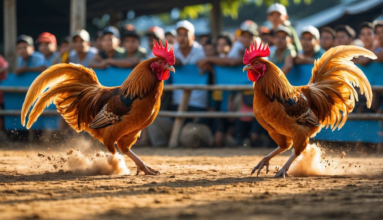 Dua ayam jago sedang bertarung di arena dengan penonton di latar belakang.