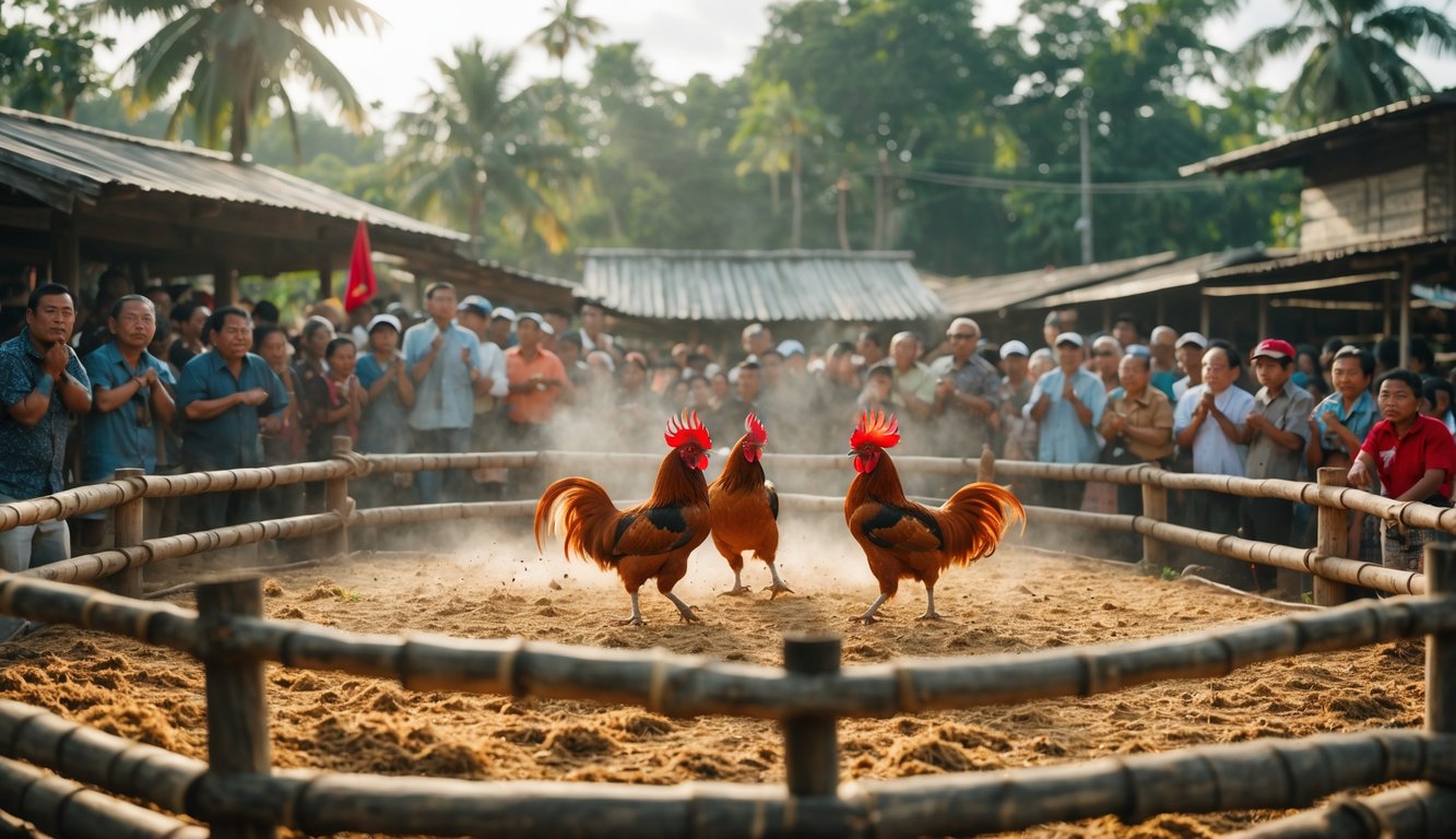 Arena sabung ayam dengan dua ayam bertarung di tengah dan penonton mengelilingi ring.