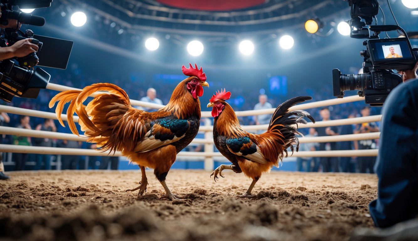 Pertandingan sabung ayam profesional dengan dua ayam jantan bertarung di arena dan penonton yang memperhatikan siaran langsung.