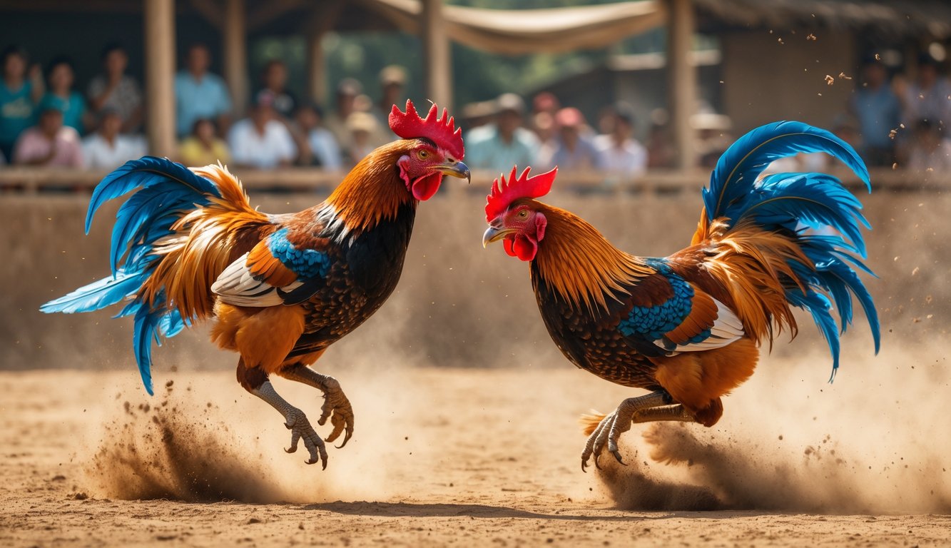 Dua ayam jago sedang bertarung di arena terbuka dengan penonton di latar belakang.