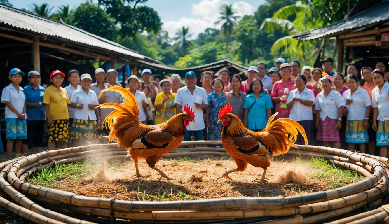 Pertarungan ayam jago di arena tradisional dikelilingi oleh anggota komunitas yang antusias menonton.