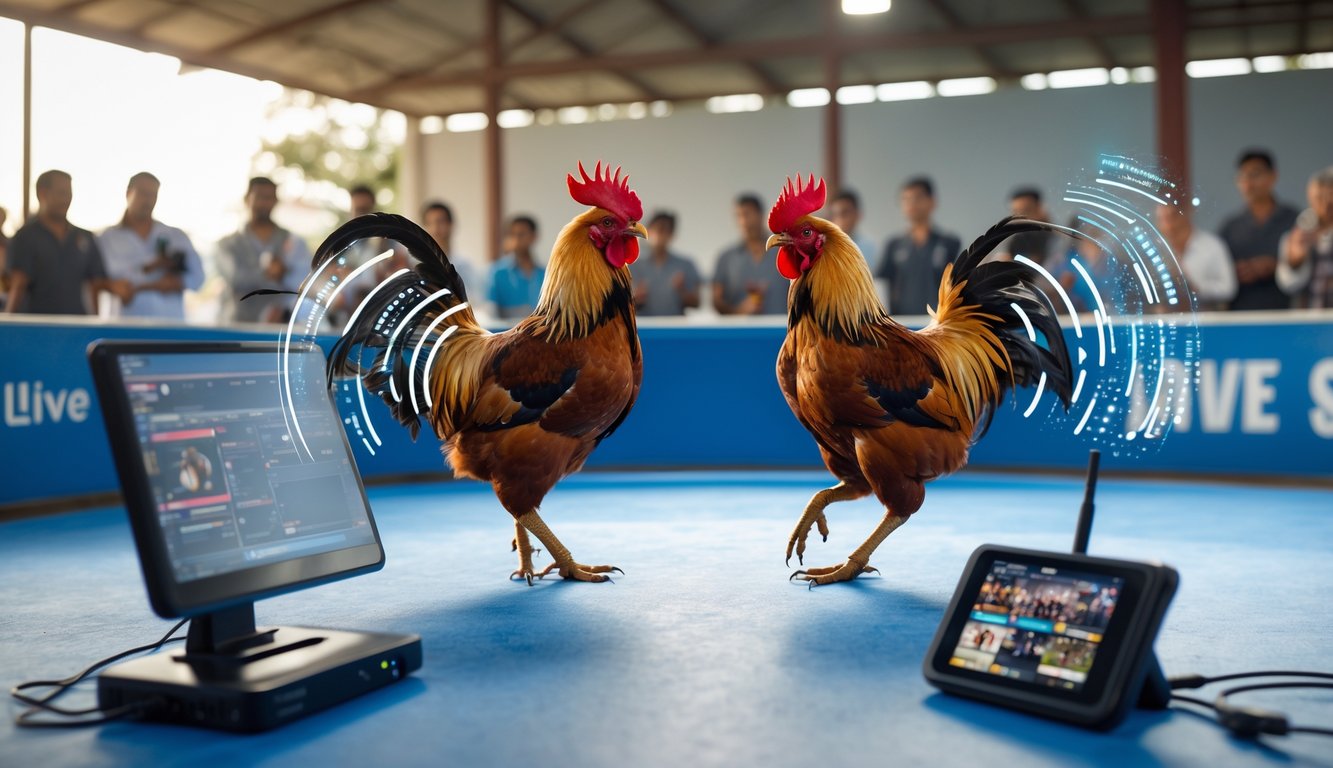 Dua ayam jago sedang bertarung di arena dengan peralatan streaming modern dan penonton yang menyaksikan pertandingan.